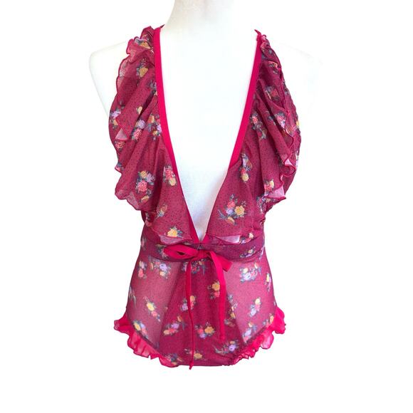 We Are HAH Bodysuit Lingerie Butterfly Red Floral Ruffle‎ Backless Sheer  Small - Picture 2 of 14